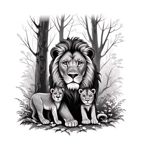 Lion With Two Cubs In Woods Surrounded