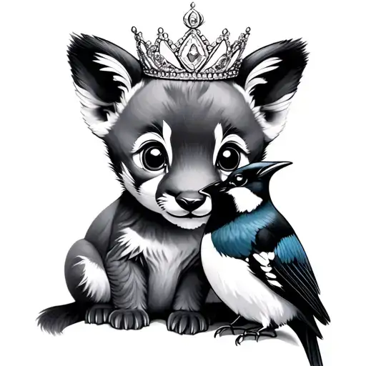 Playful Cub And Magpie Wearing A Dainty Tiara