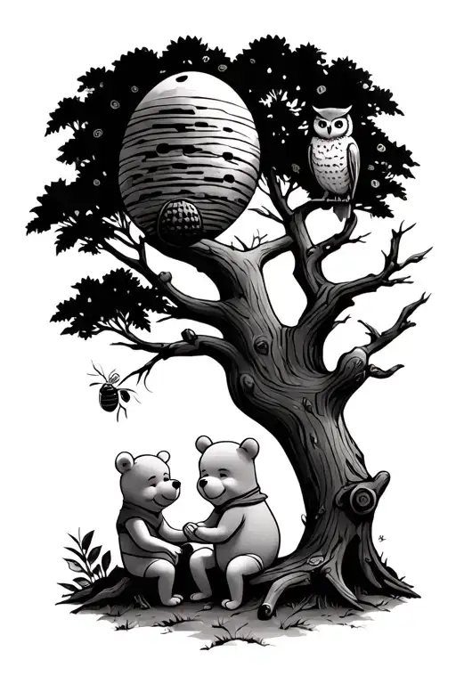 Winnie The Pooh With Friends Sitting Around Tree With A Beehive In The Tree And Owl On Branch