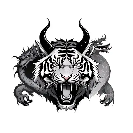 Devil With Tiger And Dragon