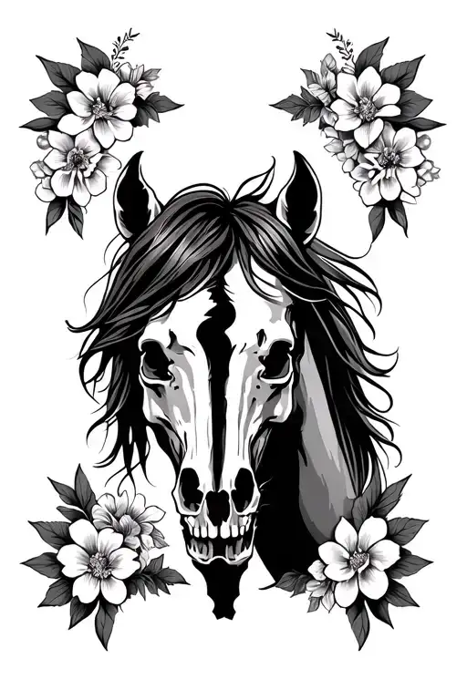 Half Horse Head With Half Horse Skull And Flowers Around It