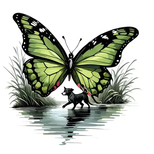 Jordan River With A Dog Chasing A Green Butterfly