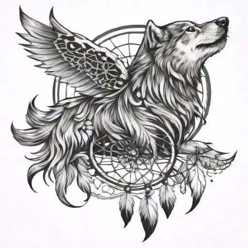 Howling Wolf And Dream Catcher Entangled In A Beautiful