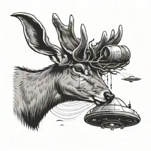 A Deer Observing A Ufo Landing In A Black-grey Style