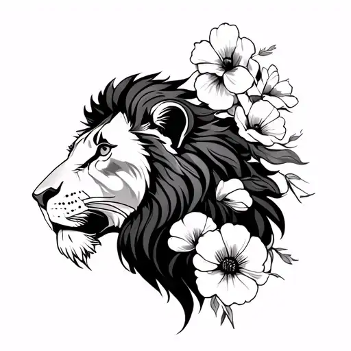 Black And White Lion With Poppys As The Mane