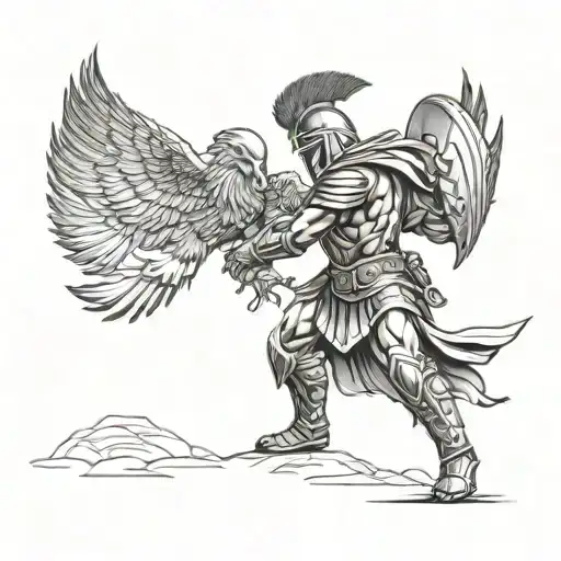 Spartan Warrior Facing Off Against A Fierce Eagle In A Dynamic Battle Scene