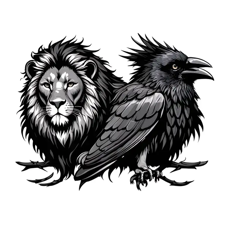 Lion And Crow Perched