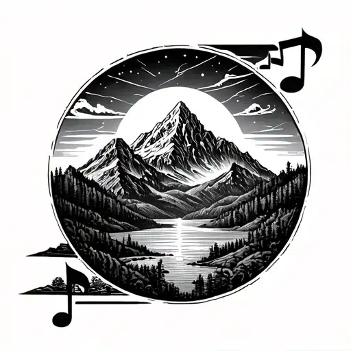 A Dotwork Tattoo Featuring A Mountain Landscape With A Hidden Musical Symbol In The Sky