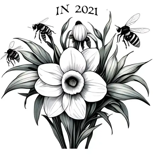 Daffodil With Bees And The Year 2021 In Roman Numerals