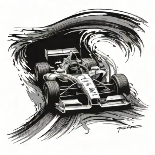Create A Detailed Black And Grey Tattoo Of A Roaring Mclaren F1 On A Racetrack