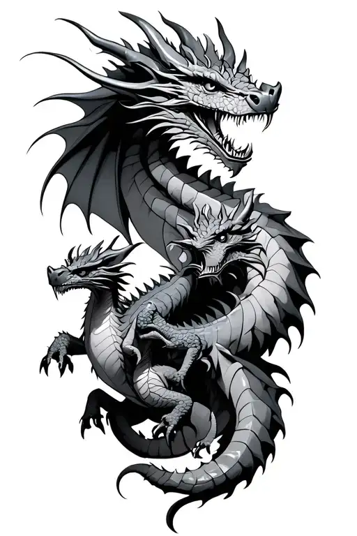 A Father Dragon With 2 Smaller Childer Dragons