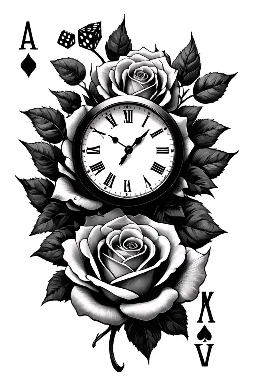 Cards Together With Rose Clock And Dice