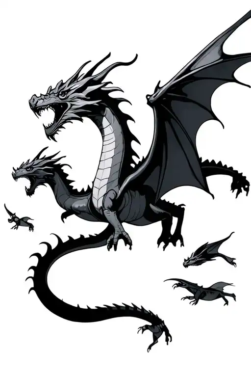 Father Dragon Flying With 2 Smaller Dranons Flying Under