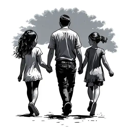 Dad Walking With Two Daughters Holding Hands