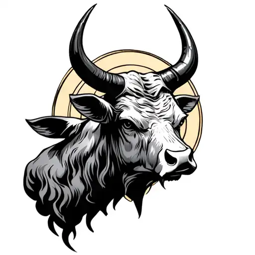 Bull Head With Devil Horns And Halo Tattoo Design