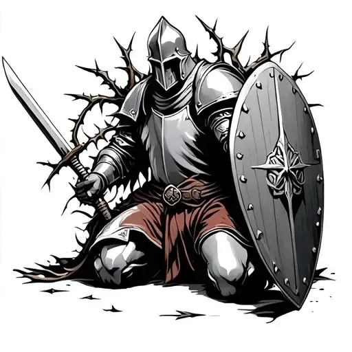 Crusader Knight Kneeling With Shield And Sword With Thorns Around Him