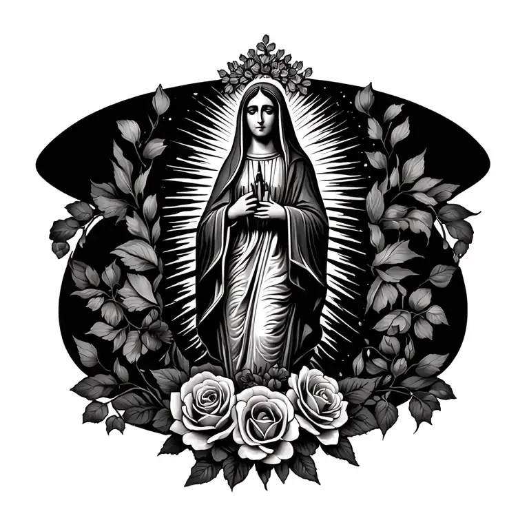 La Virgen De Guadalupe With Rosery And Roses