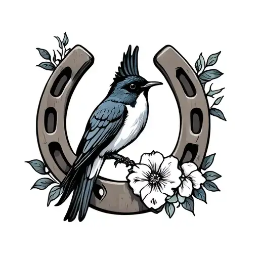 American Traditional Horseshoe With A Swallow And Flowers