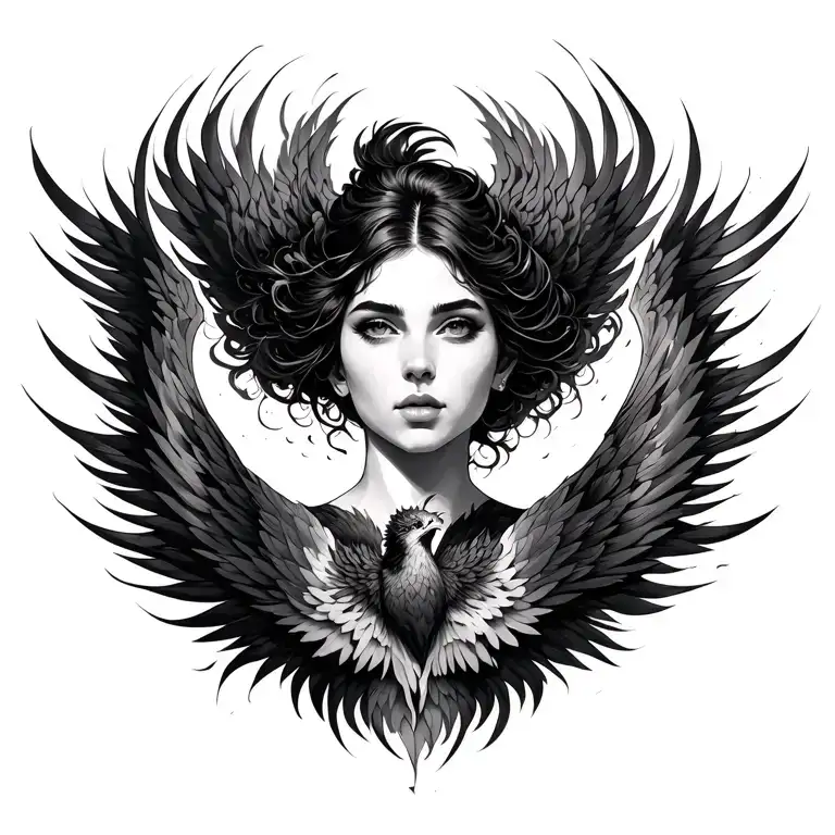 Beautiful Woman Facing Forward With Face Lifted To The Sky Tranforming Into A Phoenix