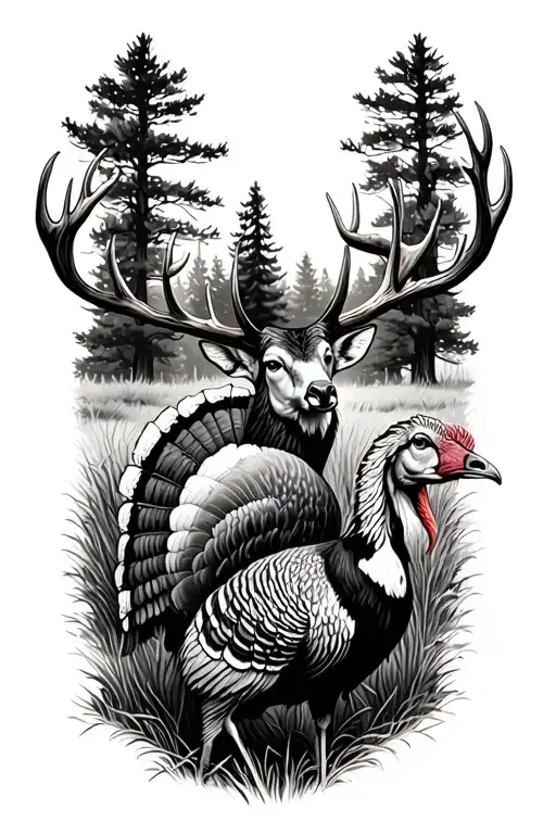 Buck And A Turkey In A Field Full Strut With Trees In The Back Ground