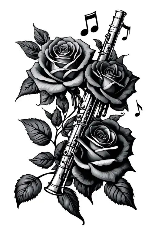 Flute With Roses And Music Note Intertwined