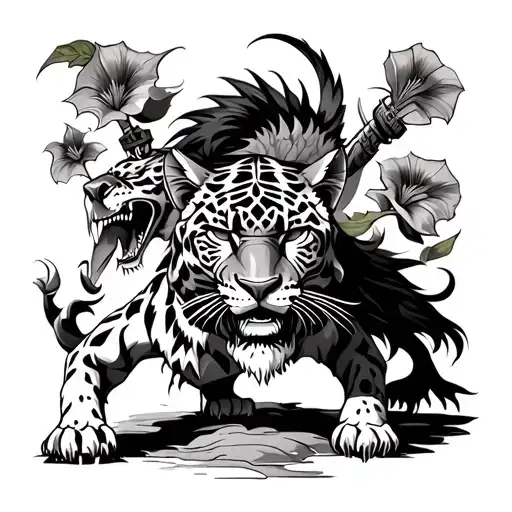 Aztec Jaguar Warrior Battling Demons Morning Glory
