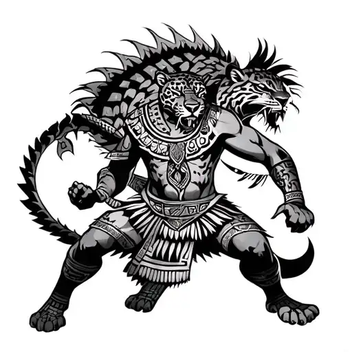 Aztec Jaguar Warrior Battling Demons Fighting