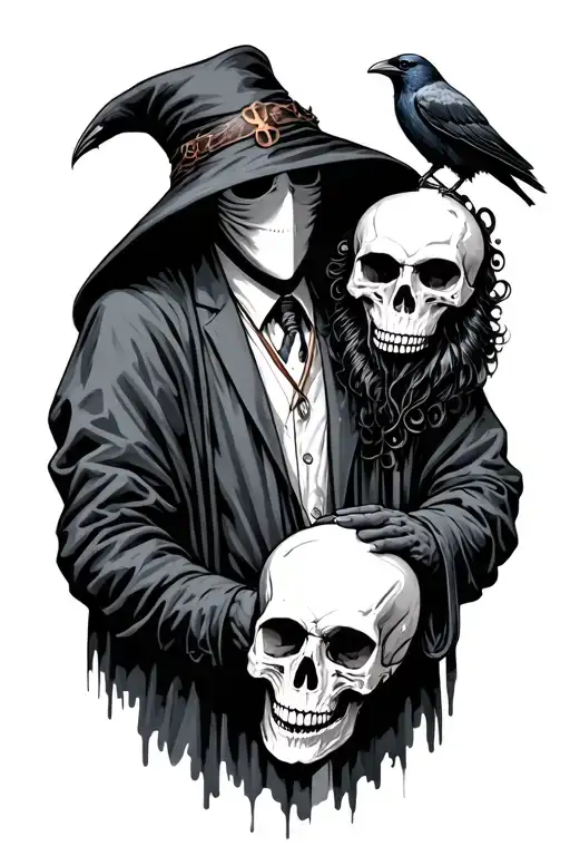 Plague Doctor Holding A Skull And Medical Staff With Crow
