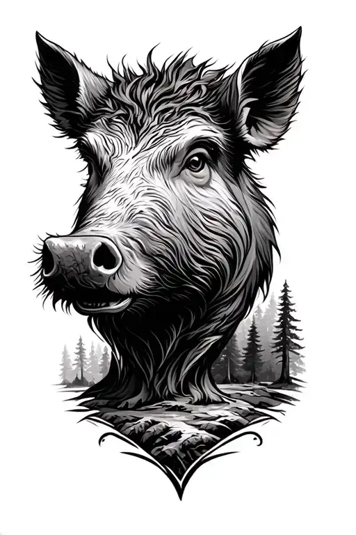 Boar Head And Forest Scene