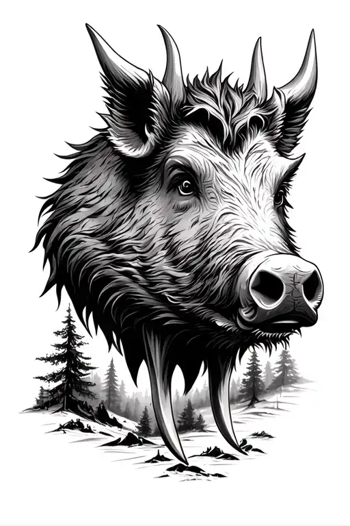 Boar Head With Tusks And Forest Scene