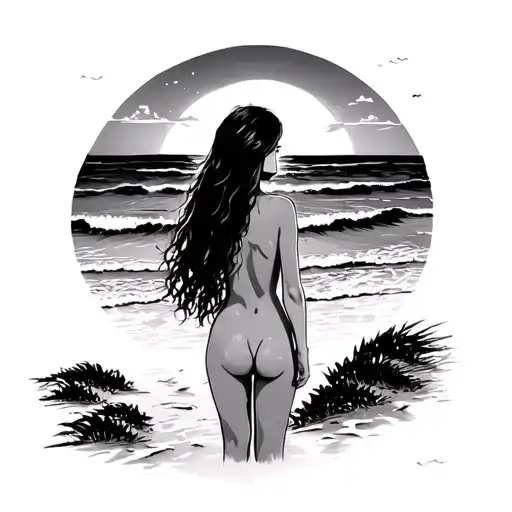 Girl On Beach Looking At Sunset Sky