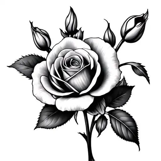 Create A Black And White Tattoo That Is A Bouquet With A Small Orchid Bud And A Full Rose
