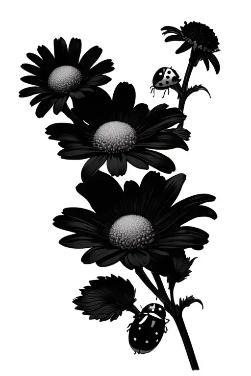 Fine Line Marguerite Flowers With Ladybug On Stem Fine