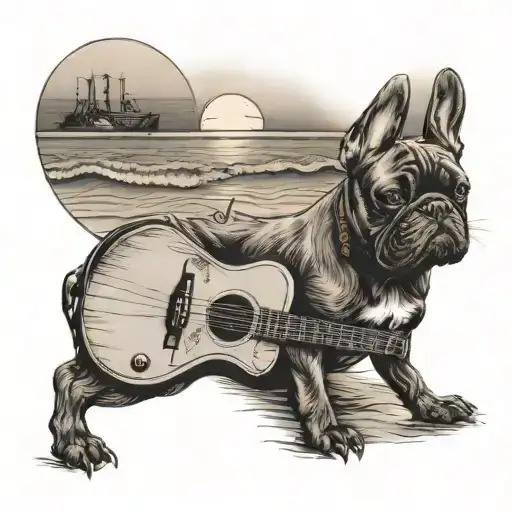 A French Bulldog Playing A Guitar On The Beach With A New Jersey Sunset In The Background