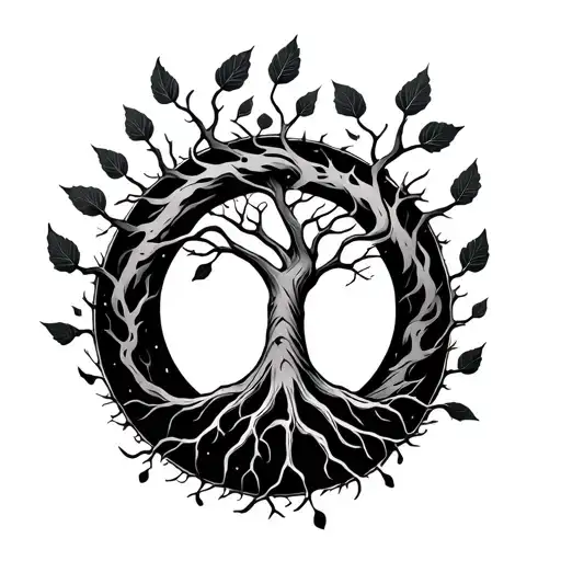 Enso Circle With 8 Branch Tree Inside With 4 Roots And 5 Falling Leaves
