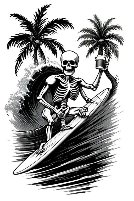 Skeleton Surfing A Wave With A Beer In His Hand And Palm Trees