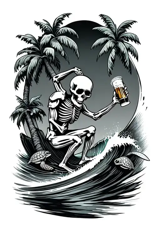 Skeleton Surfing A Wave With A Beer In His Hand And Palm Trees And Turtles Fish