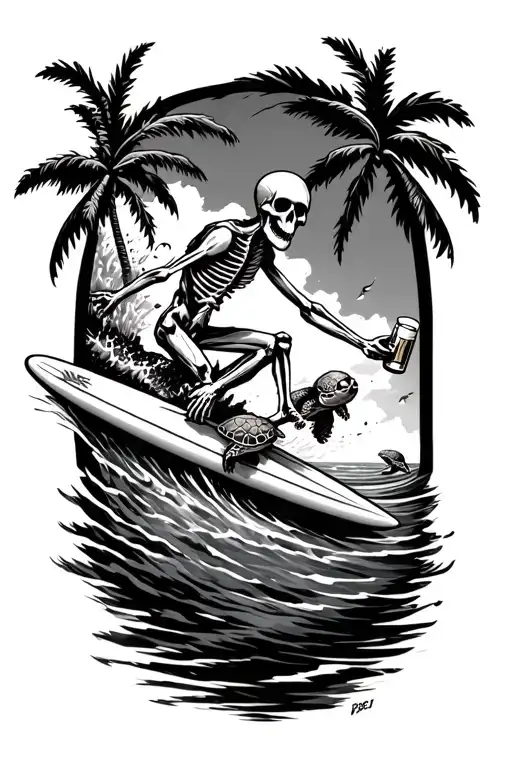 Skeleton Surfing A Wave With A Beer In His Hand And Palm Trees And Turtles On The Surfboard