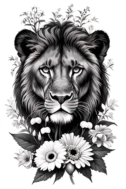 Marigolds Chrysanthemums And Lilly Of The Valley With A Lioness