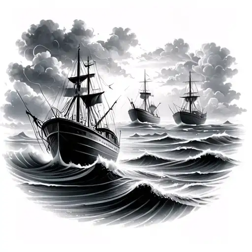 3 Boats Floating On Water Waves Storm In Sky Filled