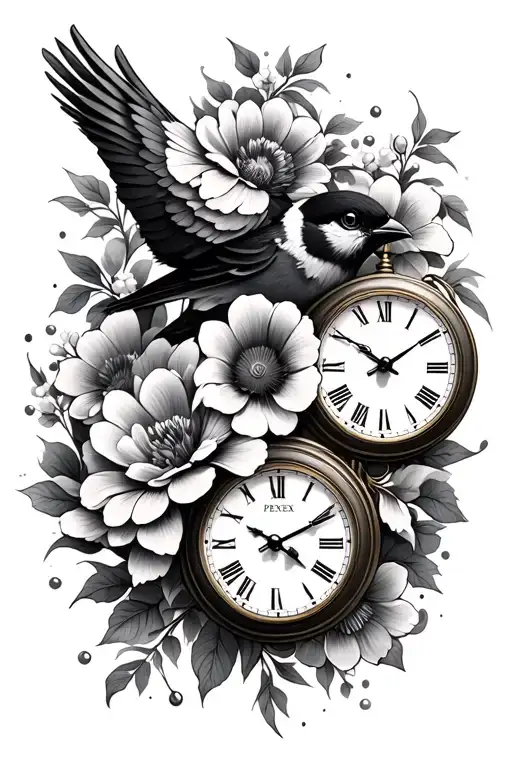 Flowers Clock Bird Phoniex