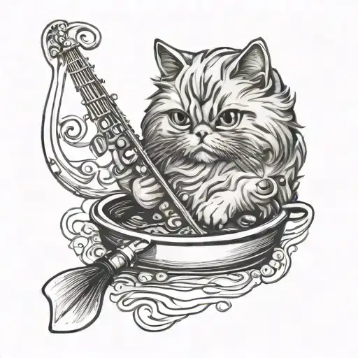 A Persian Cat Fishing In A Pond Surrounded By Musical Instruments