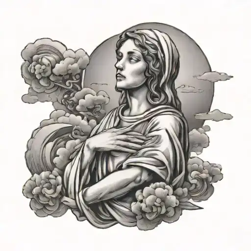 Mary With A Small Cross Underneath It Clouds And In The Clouds Some Words On My Forearm