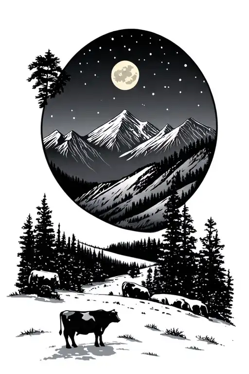 Snowy Mountain Scene And Cows At Night Montana Cowgirl