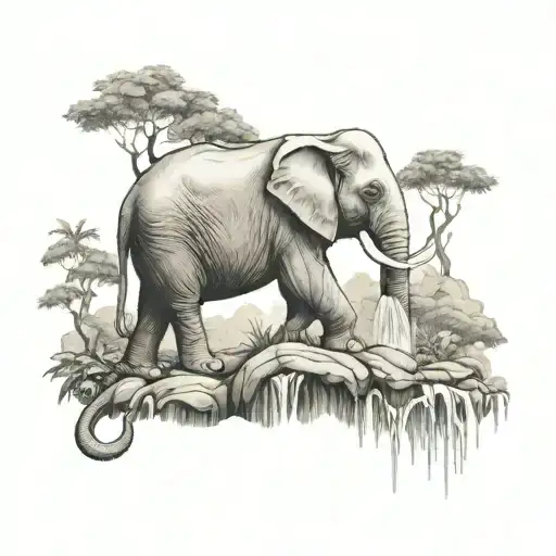 A Thai Elephant With A Waterfall And Trees In The Background
