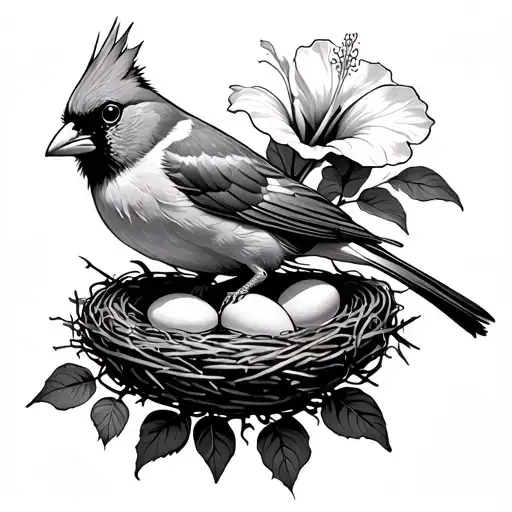 Cardinal Standing On A Nest With 3 Eggs Inside A Hibiscus Plant On The Shoulder