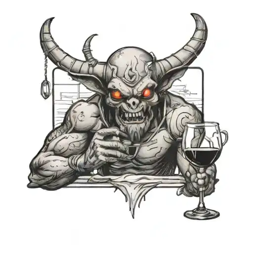 A Black-grey Tattoo Of A Demon Enjoying A Glass Of Wine In An Industrial Setting