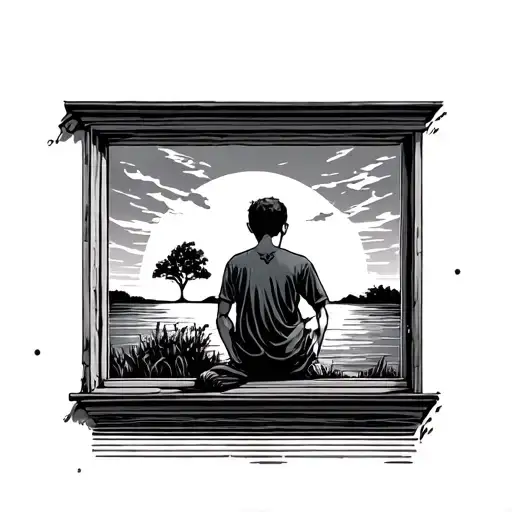 Boy Sitting On Window Looking At The Sunset