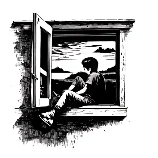 Boy Sitting Out Window Looking At Sunset