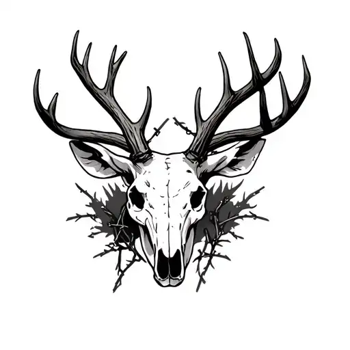 Deer Skull With Antlers And Barb Wire